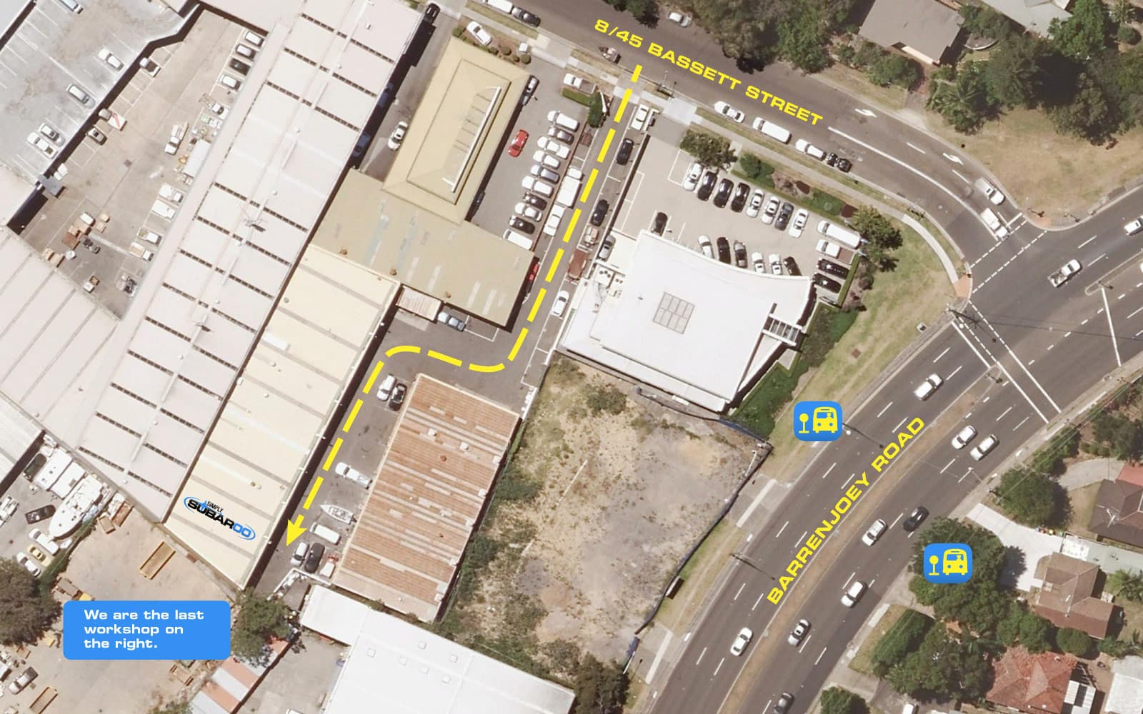 Aerial view of 45 Bassett Street, Mona Vale — the workshop sits at the back of the driveway